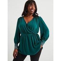 V By Very Curve Embellished Cuff & Shoulder Wrap Blouse - Green