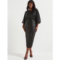 V By Very Curve Long Sleeve Bow Back Sequin Midi Dress - Black