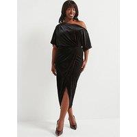 V By Very Curve Off The Shoulder Stretch Velvet Midi Dress - Black