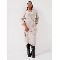 The Very Collection Curve V Neck Knitted Dress - Beige