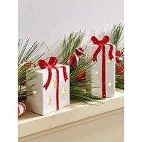 Festive Set Of 2 Ceramic Light Up Christmas Present Decorations