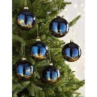 Festive Set 6 Gold/Blue Glass Christmas Tree Baubles