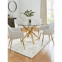 Very Home Chopstick 120 Cm Round Dining Table Plus 4 Alisha Boucle Chairs - Brass/Cream