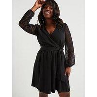 V By Very Curve Lace Sleeve Wrap Mini Dress - Black