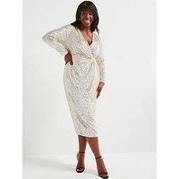 V By Very Curve Long Sleeve Wrap Sequin Midi Dress - Gold