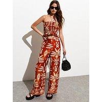 New Look Rust Tropical Print Satin Wide Leg Trousers