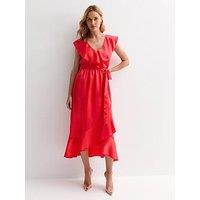 New Look Coral Sleeveless Belted Ruffle Midi Dress