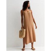 New Look Camel Strappy Linen-Blend Slit Midi Dress