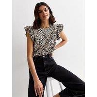 New Look Curves Brown Cotton Animal Print Frill Sleeve Top