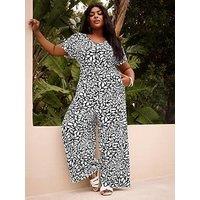 Yours Leaf Print Jumpsuit With Short Sleeves - White