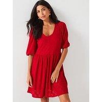 V By Very Broderie Puff Sleeve Smock Mini Dress - Red