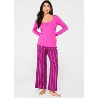 V By Very Henley Top With Stripe Woven Bottoms Pj Set - Red