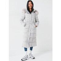 V By Very Padded Longline Hood Coat With Faux Fur Trim - Grey