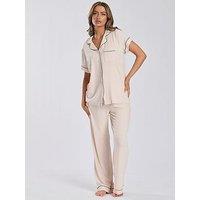 Loungeable Short Sleeve Traditional Top And Long Pant Set - Vanilla