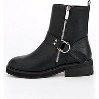 V By Very Flat Biker Boot With Zip Detail Ankle Boot - Black