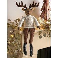 Festive 48 Cm Brown Sitting Reindeer With Jumper Christmas Decoration