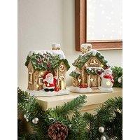 Festive Set Of 2 Lit Ceramic Santa/Snowman House Christmas Decorations - 16 Cm