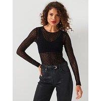 V By Very Lace Long Sleeve Bodysuit - Black