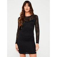 V By Very Lace Long Sleeve Bodycon Mini Dress - Black