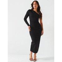 V By Very One Shoulder Ruched Waist Stretch Midi Dress - Black