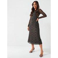 V By Very Mesh Long Sleeve Midi Dress - Print