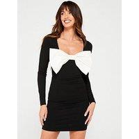 V By Very Square Neck Contrast Bow Mini Dress - Black