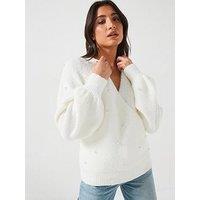 V By Very Pearl Embellished Wrap Jumper - Ivory