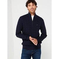 Tommy Hilfiger Classic Cotton Cable 1/4 Zip Mock Knitted Jumper - Navy