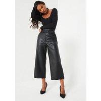 V By Very Faux Leather Paperbag Wide Leg Crop Trousers - Black
