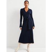 V By Very Premium Knitted Belted Dress With Wool - Navy