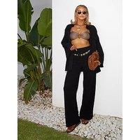 In The Style Perrie Sian Black Textured Wide Leg Beach Co-Ord Trouser