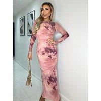 Ax Paris Printed Mesh Overlay Ruched Body Con Maxi Dress - Pink