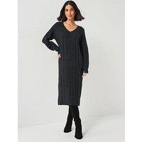 Everyday V Neck Rib Knitted Dress - Dark Grey