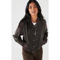 V By Very Distressed Faux Leather Bomber Jacket - Dark Brown