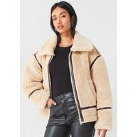 V By Very Faux Fur Aviator Jacket With Contrast Trims - Light Brown