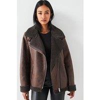 V By Very Faux Shearling Distressed Aviator Jacket - Dark Brown