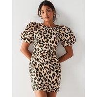 V By Very Puff Sleeve Leopard Print Mini Dress - Animal Print