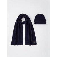 Lacoste Ribbed Wool Blend Scarf And Beanie Hat Gift Set - Navy