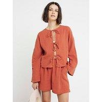 River Island Textured Cotton Tie Front Top - Rust