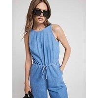 River Island Cropped Leg Denim Jumpsuit - Medium Denim