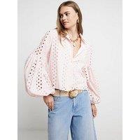 River Island Broderie Puff Sleeve Shirt - Light Pink