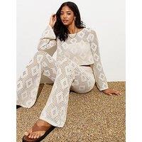 New Look Cream Crochet High Waist Wide Leg Trousers