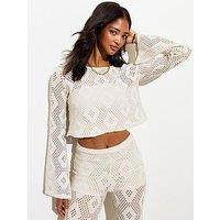 New Look Cream Crochet Cropped Long Sleeved Top