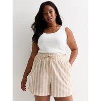 New Look Curves Camel Stripe Print Drawstring Runner Shorts