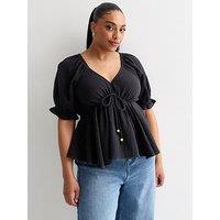 New Look Curves Black Textured Cotton Tie Back Top