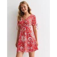 New Look Red Sun Swirl Print Tie Sleeve Mini Dress