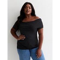 New Look Curves Black Ribbed Short Sleeve Bardot Top