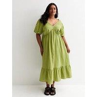 New Look Curve Crinkle Cotton Midi Smock Dress - Bright Green