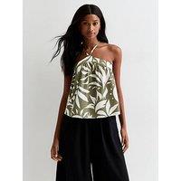 New Look Green Palm-Print Halter-Neck Cami Top