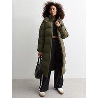 New Look Hooded Longline Puffer Coat - Dark Khaki